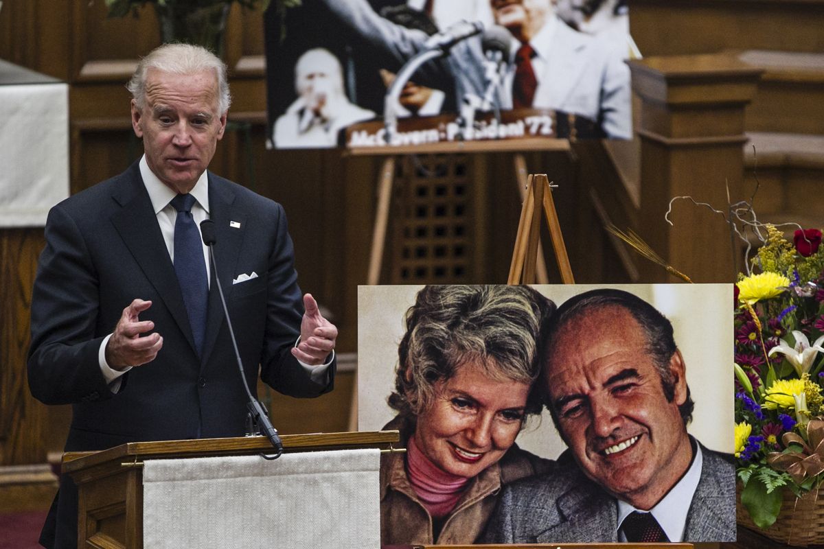 Vice President Joe Biden speaks at a prayer service for former Democratic U.S. senator and three-time presidential candidate George McGovern at the First United Methodist Church in Sioux Falls, S.D., Thursday, Oct. 25, 2012. McGovern died Sunday in his native South Dakota at age 90. (Nati Harnik / Associated Press)