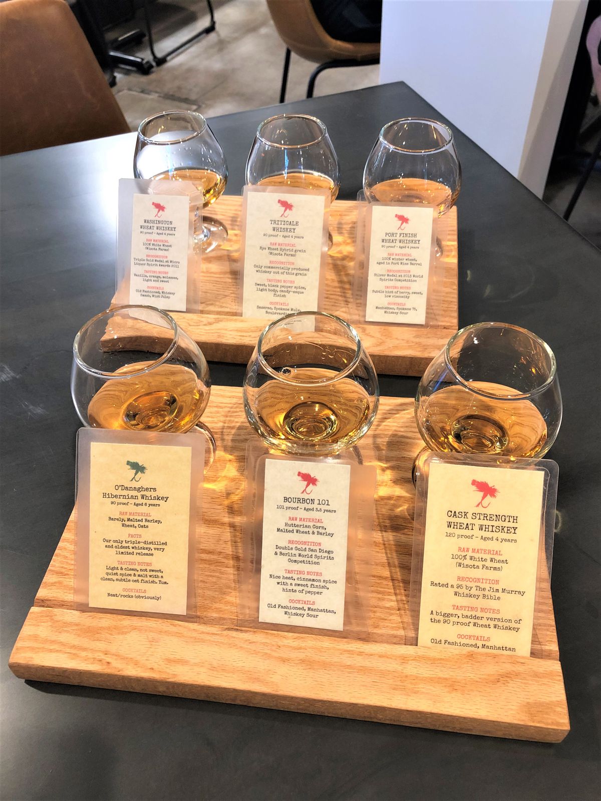 Dry Fly Distilling opened to the public on Riverside Avenue downtown last Thursday. Two flights of whiskey tastings are pictured here.  (Don Chareunsy/The Spokesman-Review)