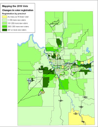 Map of increases in voter turnout in Spokane County for the 2010 General Election. (Jim Camden/The Spokesman-Review)