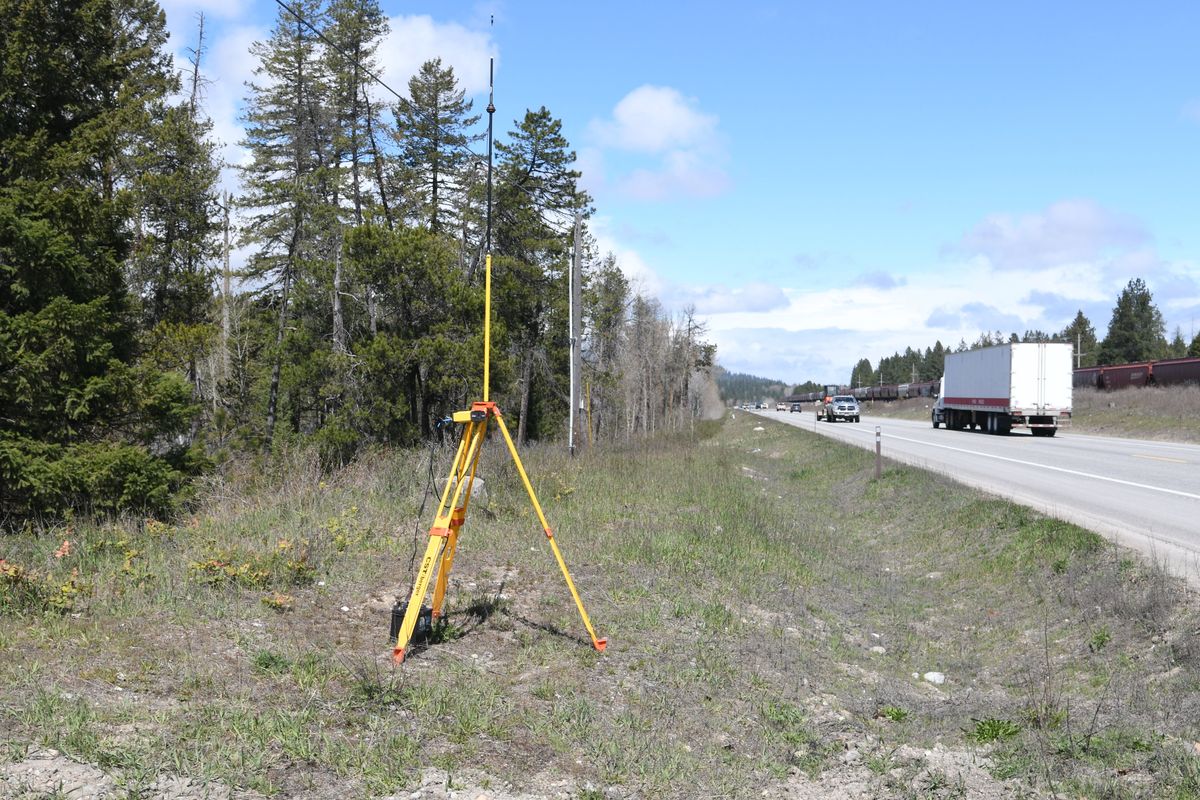 Engineering equipment is used to survey a right of way along U.S. Highway 95 south of Sagle on Thursday, April 18, 2024 for a possible expansion project.  (James Hanlon/The Spokesman-Review)