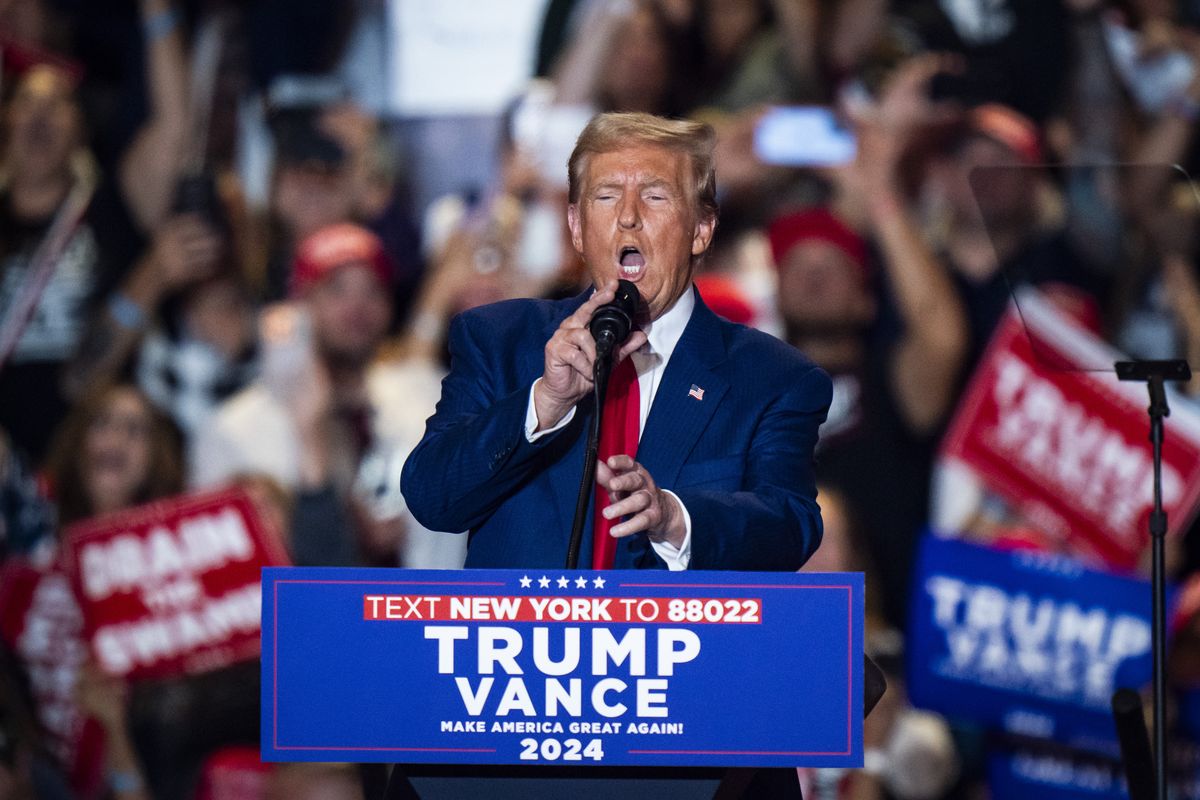 Republican presidential nominee Donald Trump speaks at a campaign rally earlier this month in Uniondale, N.Y.  (Jabin Botsford/The Washington Post)