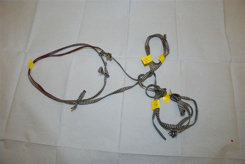 This nylon rope was used to restrain William Pickard, who was thrown to his death from the Sunset Bridge on June 30. (Spokane Police Department)