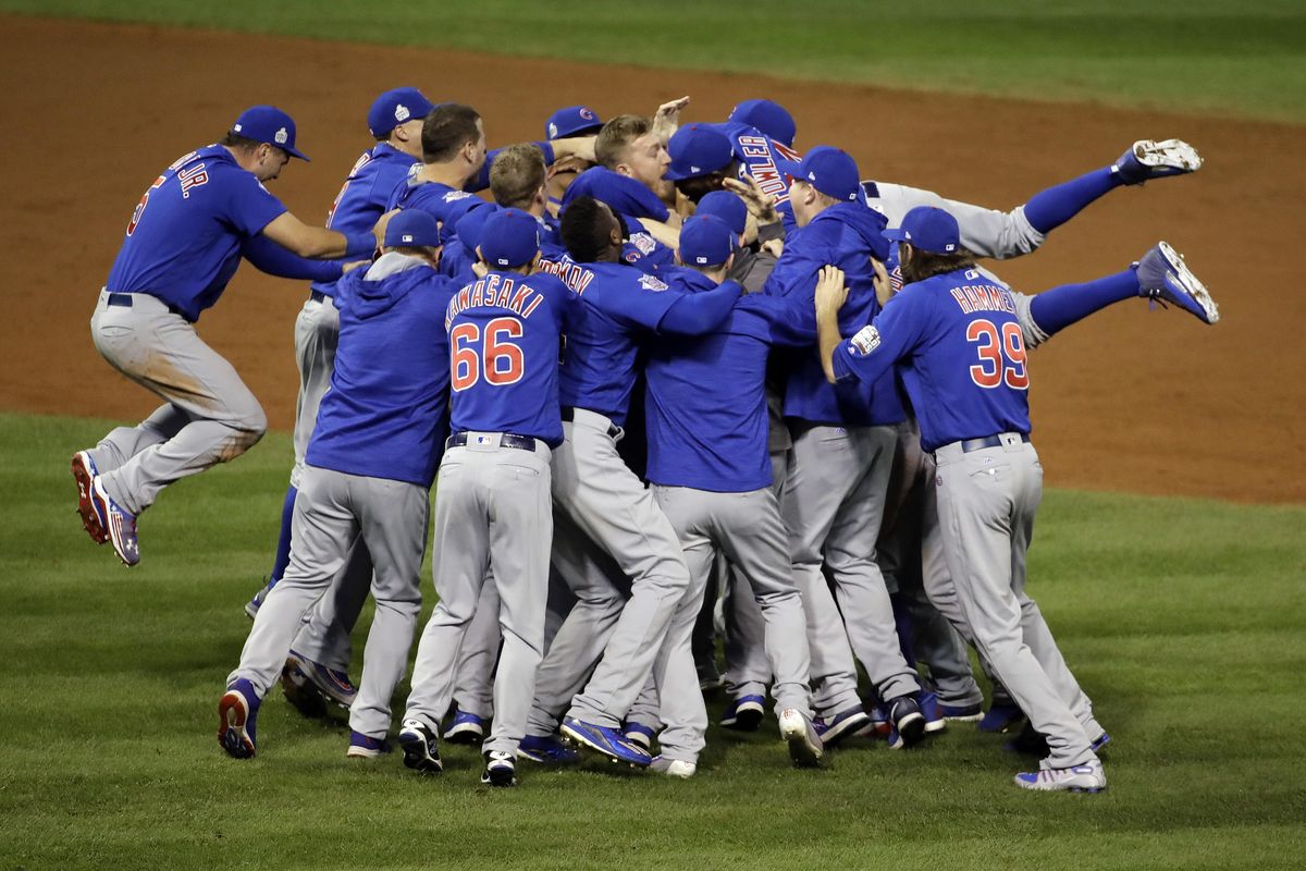 In this Nov. 3, 2016, file photo, the Chicago Cubs celebrate after Game 7 of the Major League Baseball World Series against the Cleveland Indians in Cleveland. The Cubs won 8-7 in 10 innings to win the series 4-3. (Gene J. Puskar / Associated Press)