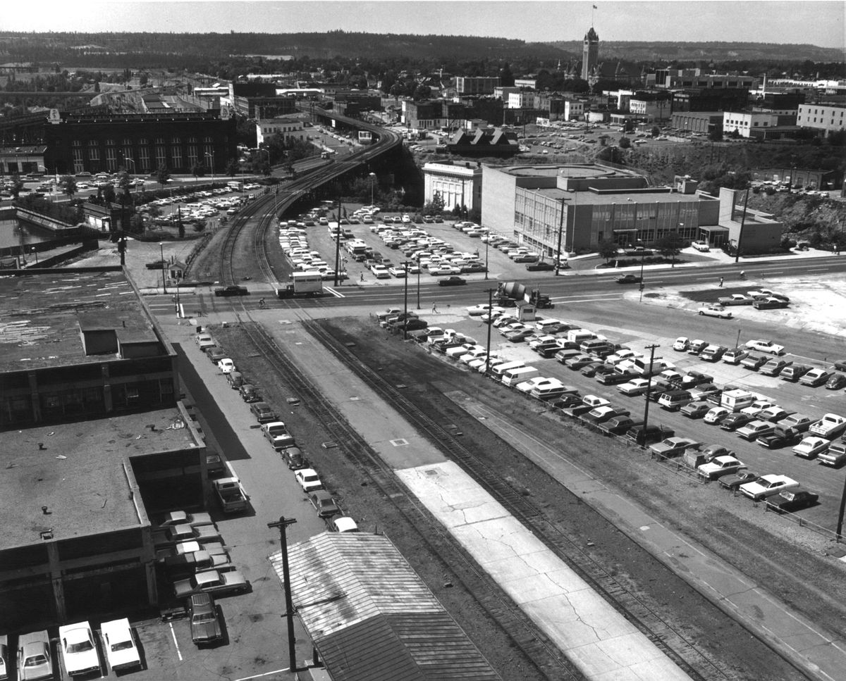 1972: Seen from the top of the Clocktower of the Great Northern Railway Depot, tracks approach the depot from the west onto Havermale Island, just days or weeks before  buildings are razed and tracks removed to make way for Expo ’74. (The Spokesman-Review Photo Archive / SR)