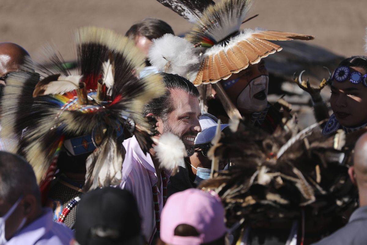 Donald Trump Jr. greets people who attended a rally Thursday, Oct. 15, 2020, in Williams, Arizona, that served as the launch of the Native Americans for Trump coalition.  (Jake Bacon)