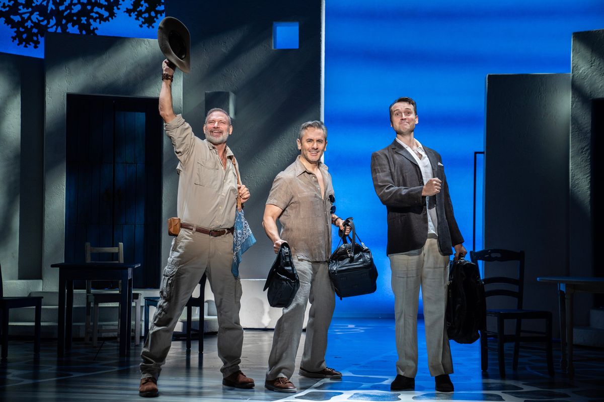 Left to right is Jim Newman (Bill Austin), Victor Wallace (Sam Carmichael), and Rob Marnell (Harry Bright) in the North American tour of “Mamma Mia!”  (Courtesy of Joan Marcus)