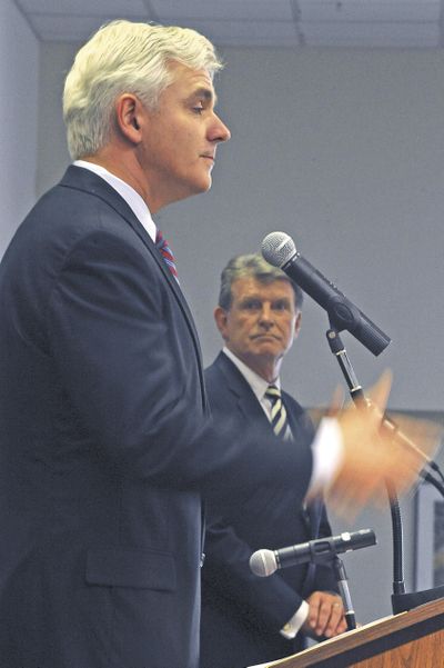 Candidate for governor Keith Allred, left, and Idaho Gov. Butch Otter debate Thursday.  (Associated Press)