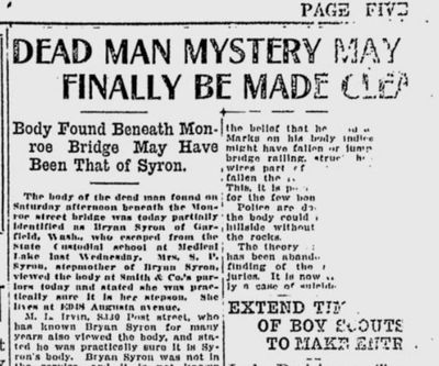 Authorities had determined a man from Garfield who had recently escaped a facility in Medical Lake was the dead man beneath the Monroe Street bridge, but his manner of death hadn’t been completely cleared up as of March 16, 1920. (S-R archives)