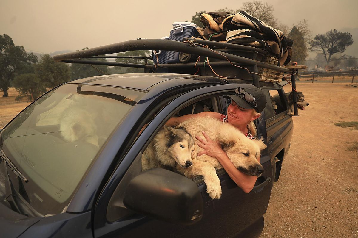 Crystal Easter, of Spring Valley, comforts her dogs, Monday, Aug. 6, 2018, in Spring Valley, Calif., as they flee a wildfire. This is the second time this year Easter has had to evacuate. (Kent Porter/The Press Democrat / Associated Press)