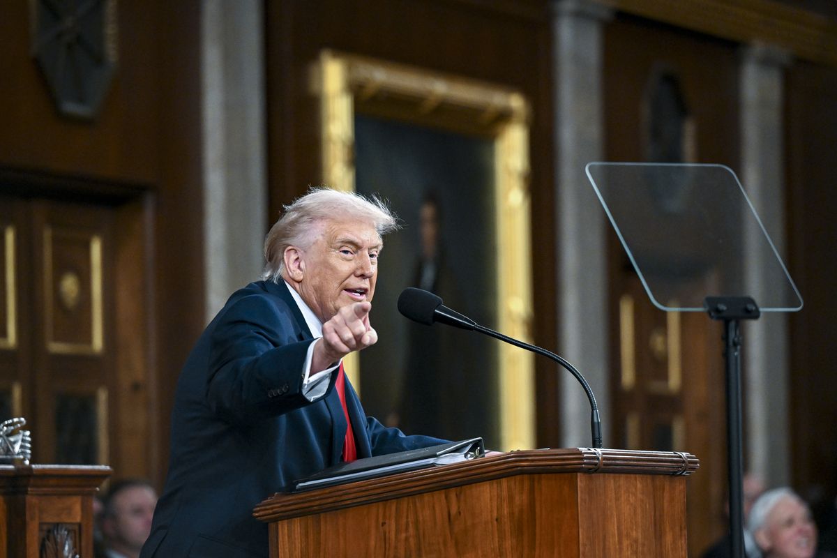 U.S. President Donald Trump delivers the State of the Union address Tuesday during a joint session of Congress in the House Chamber at the Capitol in Washington, D.C. Trump delivered his address days after the Supreme Court struck down the administration