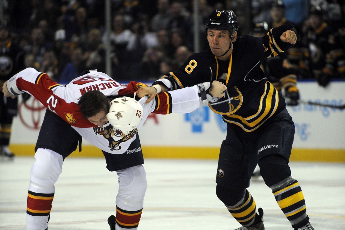 Panthers defenseman Tyson Strachan loses his helmet while fighting Sabres center Cody McCormick. (Associated Press)