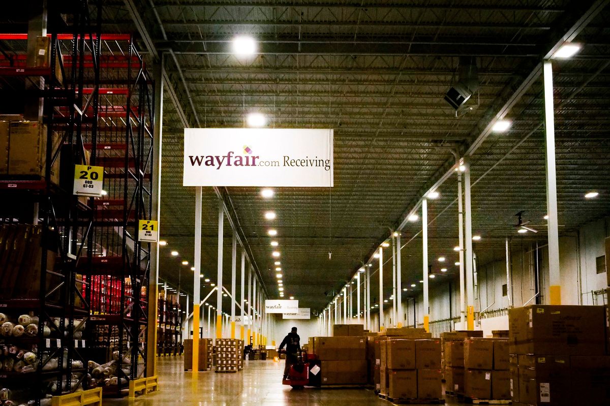 Inside the Wayfair distribution center in Cranbury, N.J., on April 13, 2017. The mass-produced furniture that sold furiously during the pandemic could soon be clogging landfills.  (JOHN TAGGART)