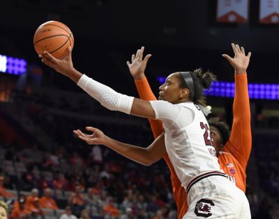 South Carolina’s A’ja Wilson drives to the basket while defended by Clemson’s Ivy Atkism during the first half of an NCAA college basketball game against Clemson Thursday, Nov. 16, 2017, in Clemson, S.C. South Carolina won 66-36. (Richard Shiro / Associated Press)
