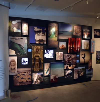 A life-size mood board invites guests to preview “In Search of Home: The Greek Journey From Myth to Modern Day,” at the museum in Chicago. (Associated Press)
