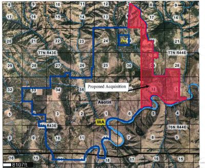 Map shows Mountain View Project land along the Grande Ronde River the Washington Fish and Wildlife Department is planning to buy in phases from Milton (Mike) Odom II and the 4-0 Livestock and Land Company LLC.
 (Washington Fish and Wildlife Department)