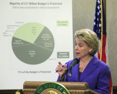 Gov. Chris Gregoire talks Wednesday  about a plan to balance the state’s budget using only existing tax streams.  (Associated Press)