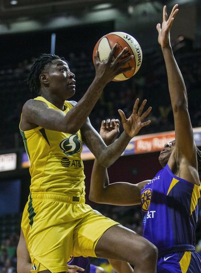 In this June 21, 2019 photo, Seattle Storm's Natasha Howard attempts a layup against the Los Angeles Sparks during a WNBA basketball game in Everett, Wash. (Olivia Vanni / Herald via AP)