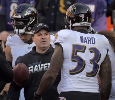 Chiefs defensive line coach Joe Cullen, pictured before a 2019 game while holding the same role the Ravens, knows the Eagles' offensive line will be a handful for Kansas City. “They are well-coached, really strong, physical and all athletic,” Cullen said.  (Tribune News Service)