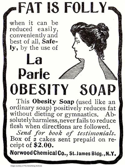 A 1903 advertisement provided by The Advertising Archives via Library of Congress shows a 1903 advertisement for La Parle Obesity Soap, that “never fails to reduce flesh” and was selling at a pricey-for-then $1 a bar.  (Associated Press)