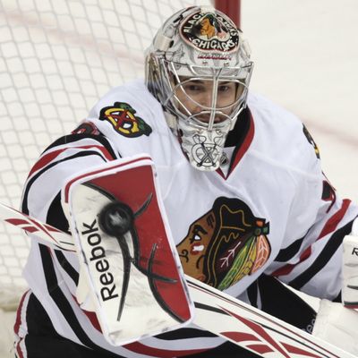 Rookie Corey Crawford stopped 36 shots for Blackhawks. (Associated Press)