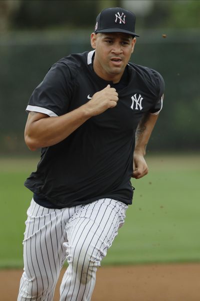 New York Yankees’ Gary Sanchez runs during a spring training baseball workout Thursday, Feb. 20, 2020, in Tampa, Fla. (Frank Franklin II / Associated Press)