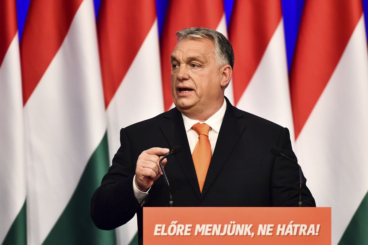 Viktor Orban delivers his annual state of the nation speech in Varkert Bazaar conference hall of Budapest, Hungary, Saturday, Feb 12, 2022. He is preparing with his right-wing party FIDESZ for the upcoming elections on April 3. (Anna Szilagyi)