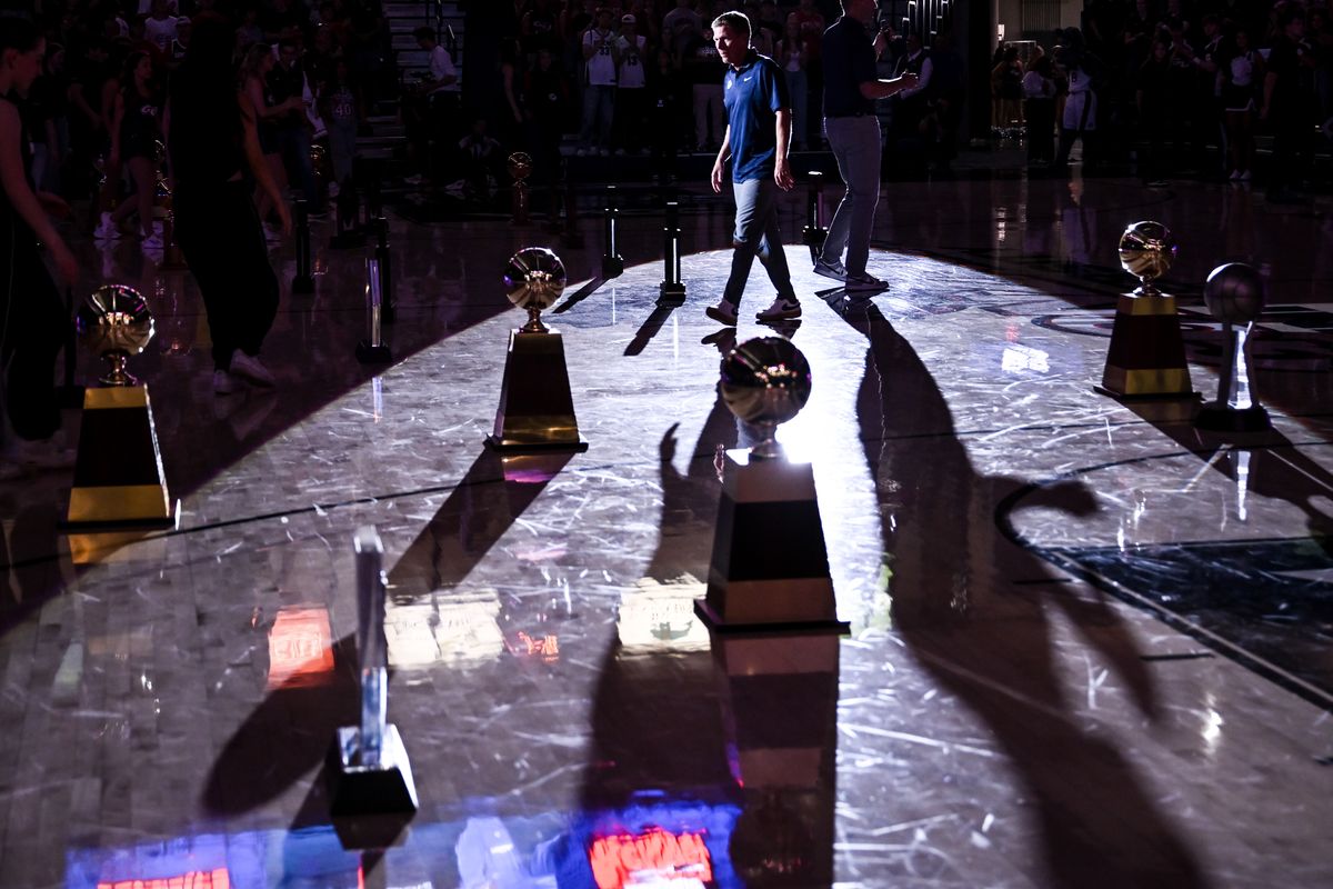 Gonzaga Bulldogs head coach Mark Few walks amid a sea of trophies during Kraziness in the Kennel on Saturday, Oct 4, 2025, at McCarthey Athletic Center in Spokane, Wash.  (Tyler Tjomsland / The Spokesman-Review)