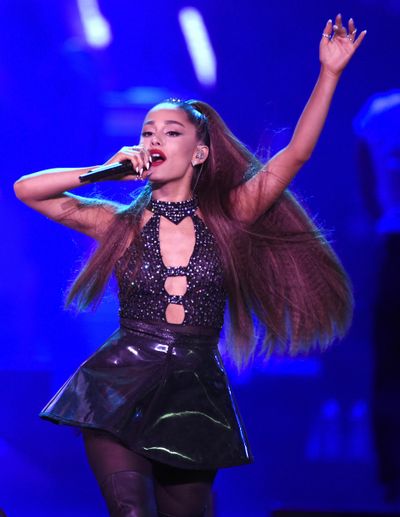 Ariana Grande performs June 2, 2018, at Wango Tango at Banc of California Stadium in Los Angeles. (Chris Pizzello / Chris Pizzello/Invision/AP)