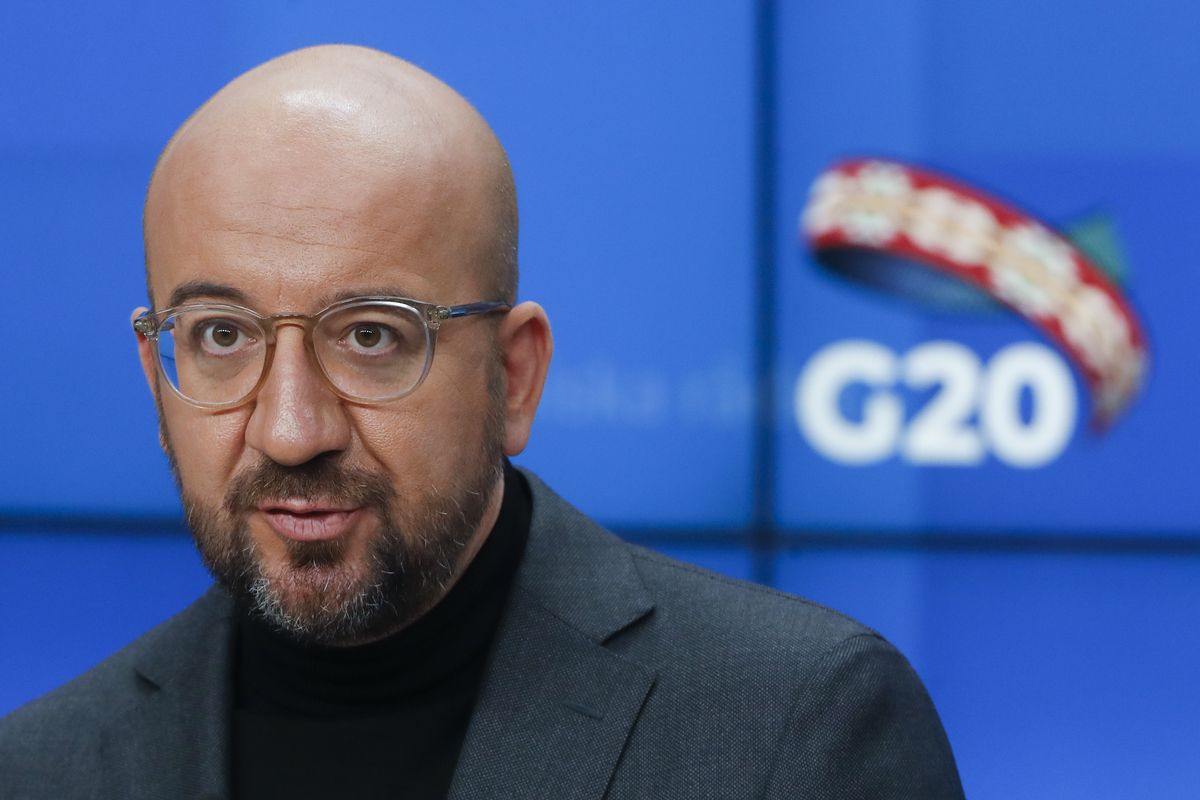 European Council President Charles Michel speaks during a press briefing ahead to a G20 online meeting in Brussels, Friday Nov. 20, 2020.  (Olivier Hoslet)