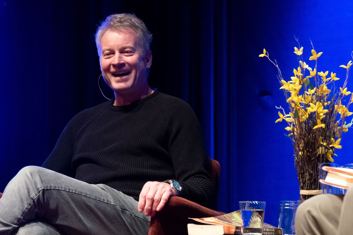 Seattle writer Timothy Egan speaks about his book “Pilgrimage to Eternity” to a sold out crowd at a October 2019 Northwest Passages event at the Bing Crosby Theater.  (COLIN MULVANY/THE SPOKESMAN-REVIEW)