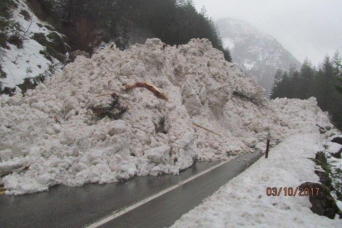 A large snow slide blocks state Highway 20 near Newhalem on the west side of the North Cascades. (Washington Dept. of Transportation)