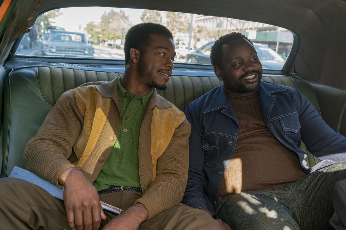 Stephan James, left, and Brian Tyree Henry appear in a scene from "If Beale Street Could Talk." The film is up for best picture at the Golden Globes. (Tatum Mangus / Annapurna Pictures)