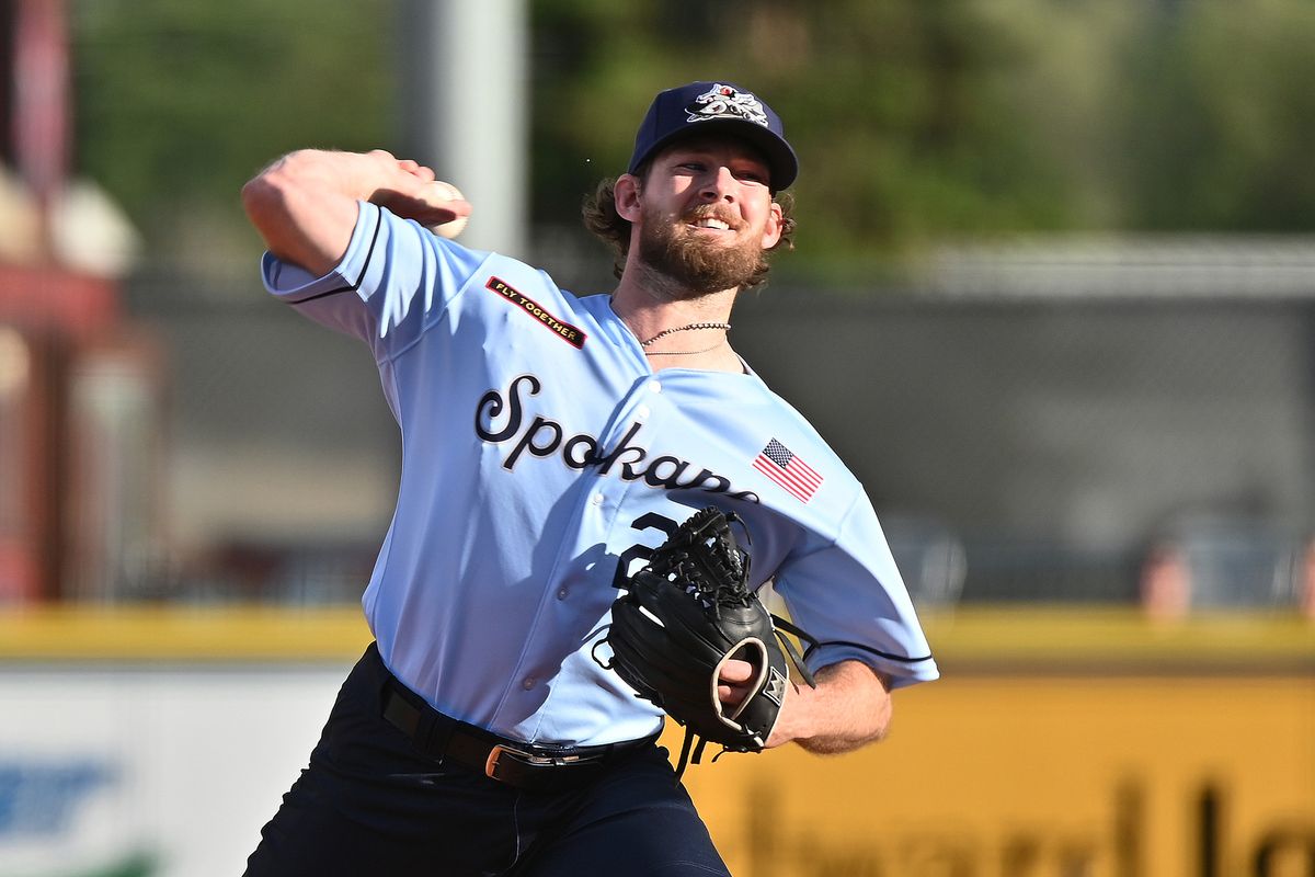 Spokane Indians pitcher David Hill, who worked six shutout innings, delivers against the Tri-City Dust Devils on Friday in High-A West play at Avista Stadium.  (James Snook/For The Spokesman-Review)