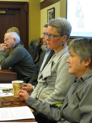 Members of the Idaho Legislature's joint budget committee listen to presentations Thursday; from left are Rep. Jim Patrick, R-Twin Falls; Sen. Nicole LeFavour, D-Boise; and Rep. Shirley Ringo, D-Moscow. (Betsy Russell)