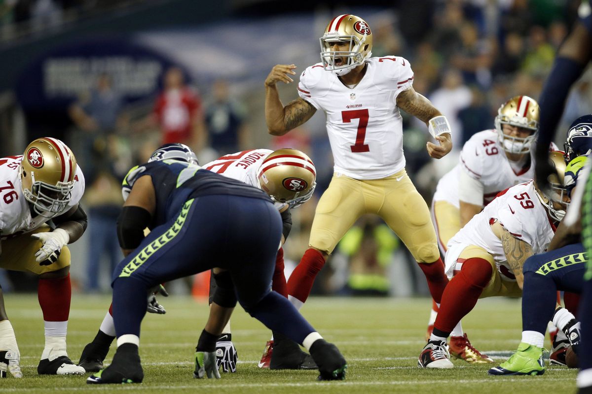 49ers quarterback Colin Kaepernick struggled during a Sept. 15 game in Seattle, throwing three interceptions. (Associated Press)