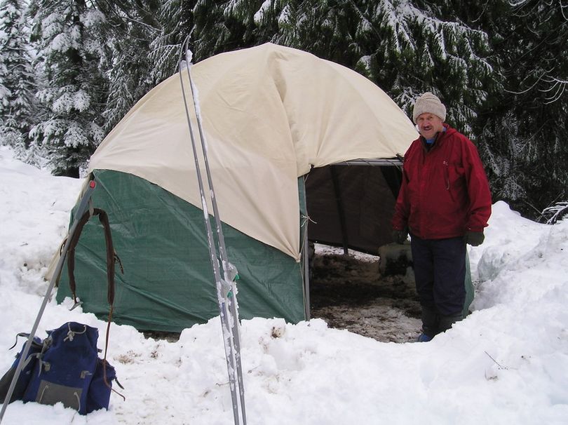 A simple dome tent structure - a work in progress -  serves as a snowshoer's shelter on the Twisted Klister trail systemat Fourth of July Pass. It's maintained by the Panhandle Nordic Club

 (Panhandle Nordic Club)