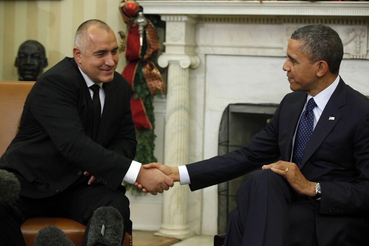 President Barack Obama shakes hands with Bulgarian Prime Minister Boyko Borisov during their meeting in the Oval Office of the White House in Washington, Monday, Dec. 3, 2012. The two leaders will discuss Bulgaria
