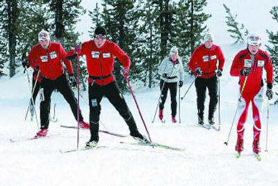 
Former Spokane resident and Langlauf veteran Marshall Greene, front left, and coach J.D. Downing, rear left, are shown here training with XC Oregon's sponsored skiers at the Mount Bachelor Nordic ski area in Bend, Ore. 
 (Associated Press / The Spokesman-Review)