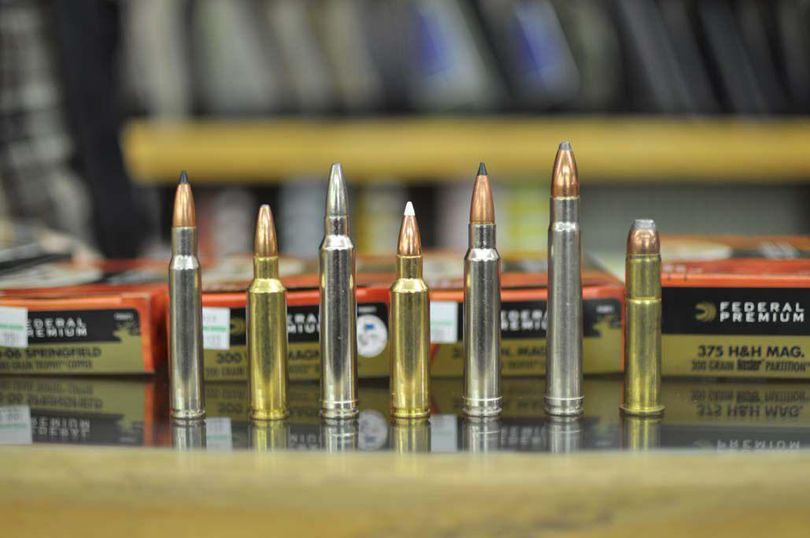 Common Alaska moose-hunting ammunition includes, from left, .30-06 Springfield, .300 Winchester Short Magnum, .300 Winchester Magnum, .325 Winchester Short Magnum, .328 Winchester Magnum, .375 H&H and 45-70 government. (Sam Friedman / Fairbanks News-Miner)