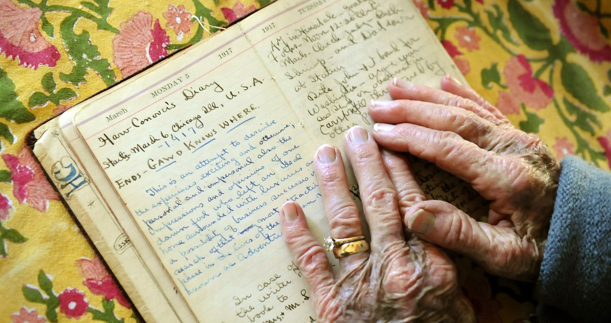 Frances Conover Church finds a passage in a diary her father, Harvey Conover, kept daily during World War I. Church discovered the diaries after her father died. In 2004, she published excerpts from his writings. (Dan Pelle)