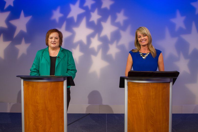 Jana Jones, left, and Sherri Ybarra, right, debate on Idaho Public Television on Tuesday night (Idaho Public TV / Aaron Kunz)