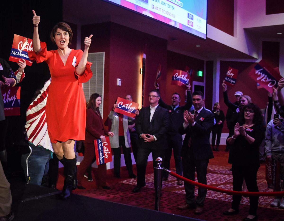 U. S. Representative Cathy McMorris Rodgers takes the stage at the Davenport Grand Hotel after defeating Lisa Brown in the 5th District race, Tuesday, Nov. 6, 2018. (Dan Pelle / The Spokesman-Review)