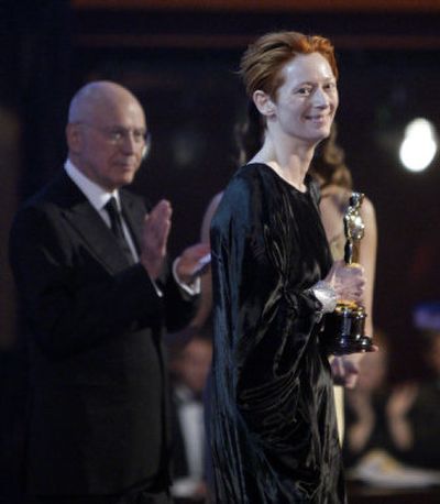 
Tilda Swinton accepts the award for best supporting actress during the 80th Academy Awards in Los Angeles Sunday.Associated Press
 (Associated Press / The Spokesman-Review)