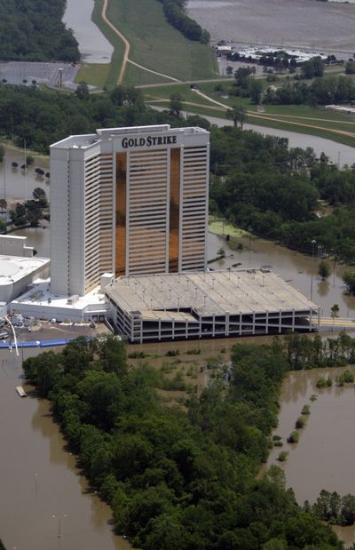 Mississippi River floodwaters surround Gold Strike Casino and Hotel in Robinsonville, Miss., on Wednesday. (Associated Press)