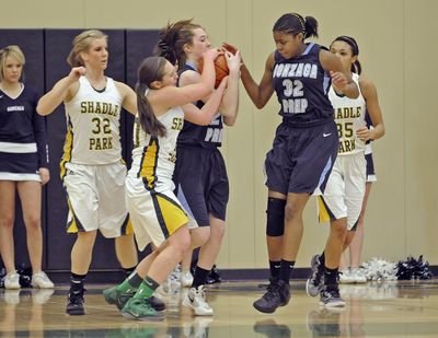 Shadle Park’s Morgan Grier tries to wrestle the ball away from Gonzaga Prep’s Madison Wright. (Christopher Anderson)