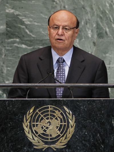 This Sept. 26, 2012, file photo shows Abed Rabbo Mansour Hadi, President of Yemen, as he addresses the 67th United Nations General Assembly, at U.N. headquarters. (Jason DeCrow / Associated Press)