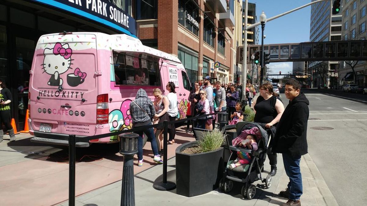 Upward of 250 people at a time stood in line at the Hello Kitty truck in front of River Park Square Saturday. (SR)