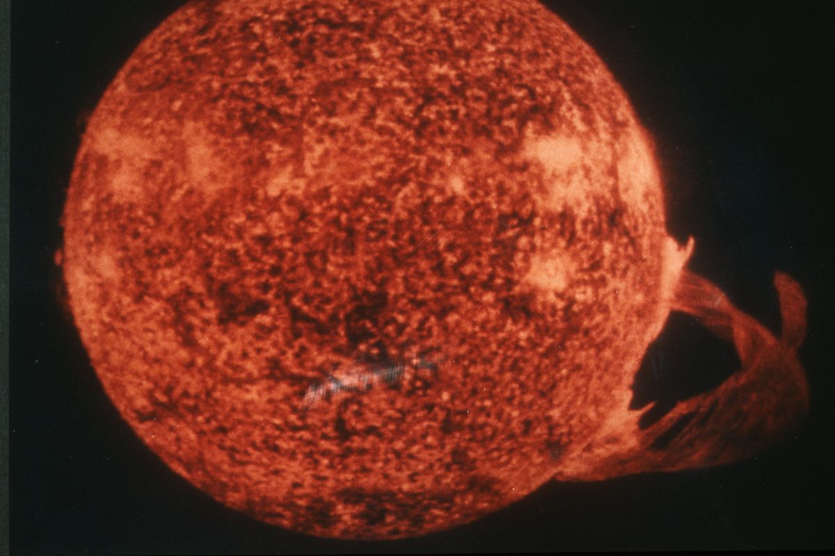 A solar prominence is an eruption of hot gas from the upper chromosphere or the inner corona of the sun. Some of this erupting matter escapes into space. Solar prominences are of higher density than the surrounding portions of the solar atmosphere, but their temperatures are lower.  (University Corporation for Atmospheric Research/TNS)