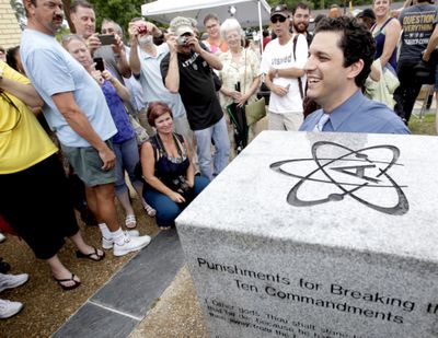 David Silverman, president of New Jersey-based American Atheists, attends the unveiling of an atheist monument outside the Bradford County Courthouse on Saturday in Starke, Fla. (Associated Press)