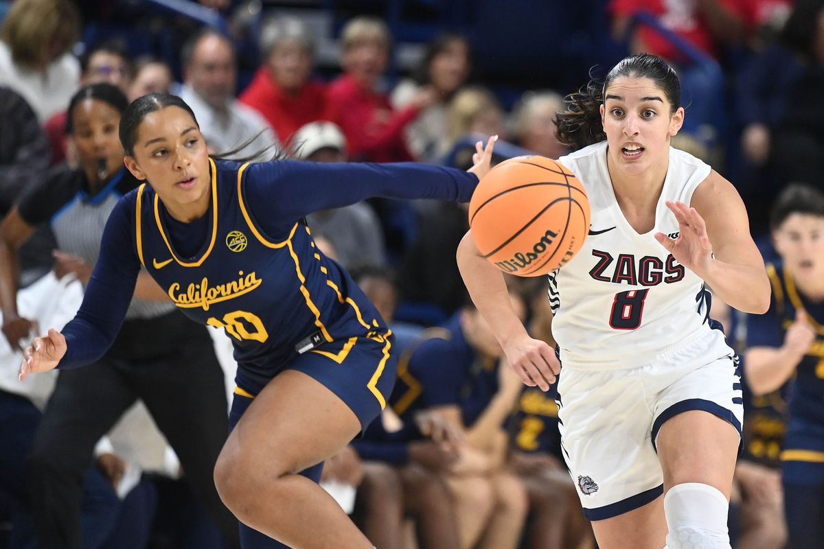 Gonzaga guard Inês Bettencourt steals the ball from California guard Lulu Twidale during the second half of a Nov. 14 nonconference game at McCarthey Athletic Center.  (COLIN MULVANY/THE SPOKESMAN-REVIEW)